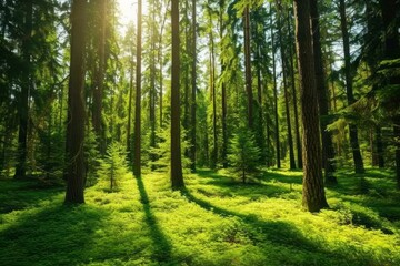 Fototapeta premium The sun shines through the tall trees in the forest
