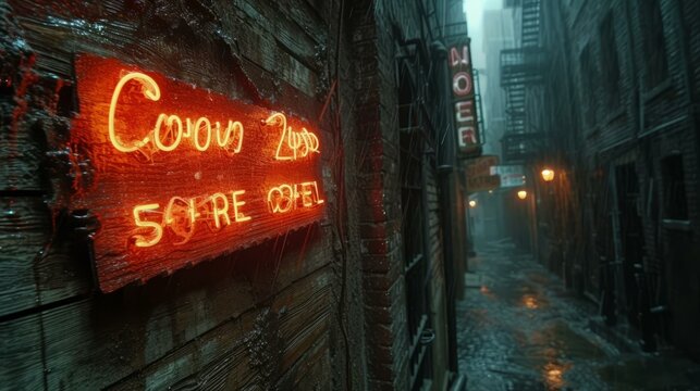 A dark and rainy alleyway with a red neon sign that says Coon 215 Hotel