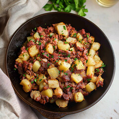 professional, up-close and modern food photography of corned beef hash