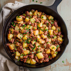 professional, up-close and modern food photography of corned beef hash