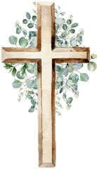 Watercolor floral cross with eucalyptus greenery. Easter catholic religious symbol. Christian cross for church and baptism