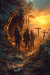 Three soldiers standing in front of the crucifixion of Jesus - obrazy, fototapety, plakaty