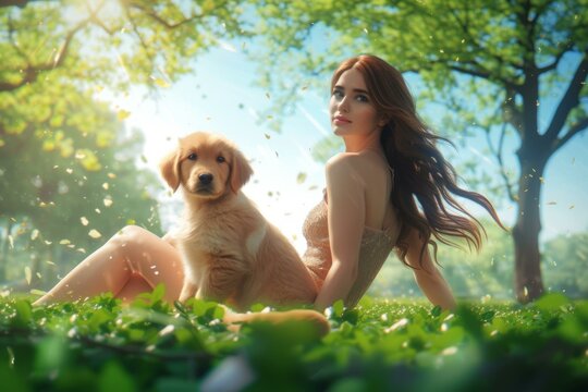 A young woman with long red hair is sitting on the grass with a golden retriever puppy.
