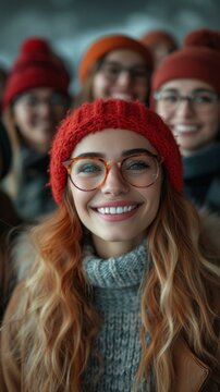 Redhead woman in red beanie smiling with friends in the background