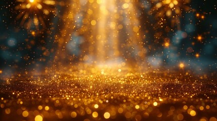 Golden glitter background with spotlight and falling stars