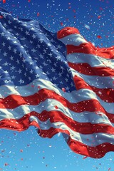 American flag waving in the wind with red, white and blue confetti falling from the top