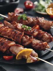 Shish kebab on skewers with fresh vegetables. 