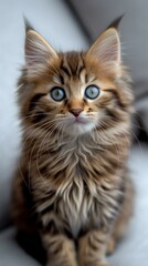 Naklejka na ściany i meble A cute tabby kitten with blue eyes is sitting on a white surface and looking at the camera
