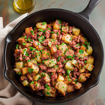 professional, up-close and modern food photography of corned beef hash