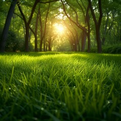 Fototapeta na wymiar Sunlight shining through the trees in a lush green forest