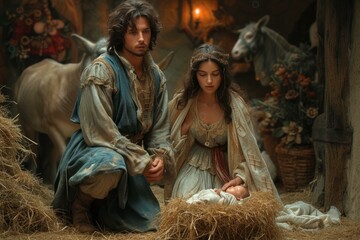 Nativity scene with Mary, Joseph, and baby Jesus