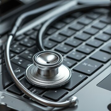 A stethoscope rests on a laptop keyboard.