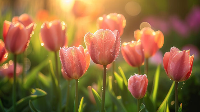 A soft-focus image of dew-covered tulips in the early sunlight, radiating warmth and freshness in a tranquil garden setting
