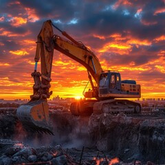 Excavator working on a construction site at sunset