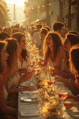 Friends laughing and enjoying a summer dinner party