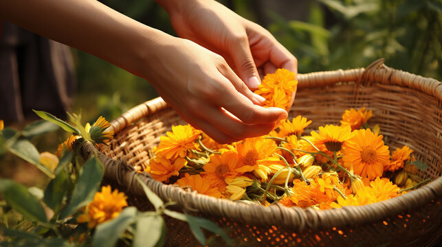 harvest of orange marigold blossoms - close up hands pick the blossoms up an take them in a basket