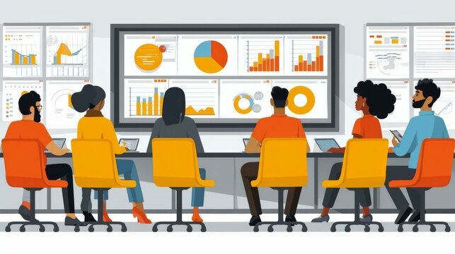 Diverse group of business professionals analyzing data and graphs on large screen in modern office