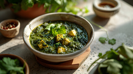 On the table is an authentic saag paneer, a meticulously prepared homemade North Indian delicacy incorporating spinach and cottage cheese. Generative AI