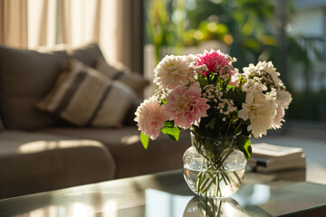 Spring flowers bouquet in vase on table in living room with morning sun light. Stylish apartment interior with blooming flowers