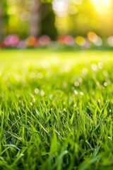 Close-up of green grass field with blurred background - obrazy, fototapety, plakaty