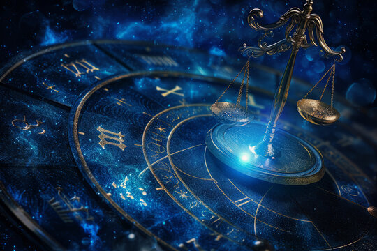Libra zodiac sign against horoscope wheel. Astrology calendar. Esoteric horoscope and fortune telling concept.