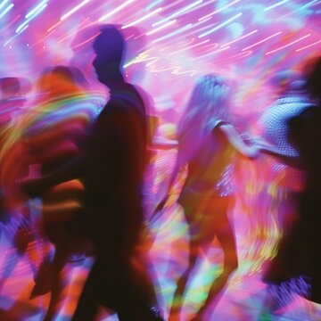 People dancing at a party with colorful lights