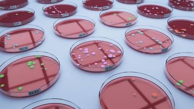 3d rendered animation of a collection of petri dishes containing different colored microbial growth