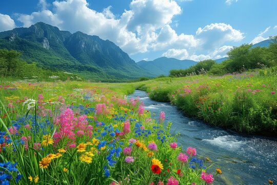 A river flows through a valley with colorful flowers and green grass on the banks
