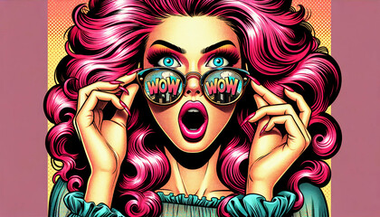Comic book style WOW woman with sunglasses in bright colors - obrazy, fototapety, plakaty