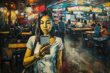 Obraz premium A woman looking at her phone in a crowded restaurant