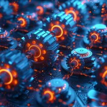 Glowing blue and orange steampunk gears