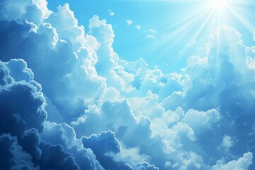 Blue sky with white clouds and shining sun - obrazy, fototapety, plakaty