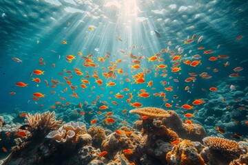 Fototapeta na wymiar Underwater view of a coral reef with a school of anthias fish swimming above it