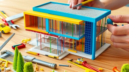 A person is building a colorful and modern miniature house with a blue roof using tweezers and a stick - obrazy, fototapety, plakaty