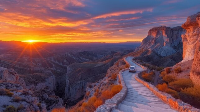 Car Driving On A Mountain Road With A Beautiful Sunset In The Background