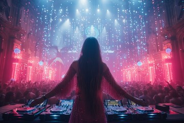 Female DJ at the Turntable in a Nightclub Playing Electronic Dance Music
