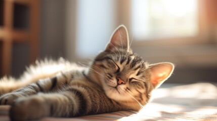 A serene tabby cat sleeps in warm sunlight