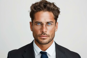 A young man with brown hair and blue eyes wearing a suit and tie - obrazy, fototapety, plakaty