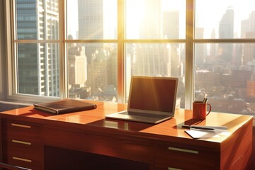 Desk with laptop and coffee cup in front of office window with skyscraper view