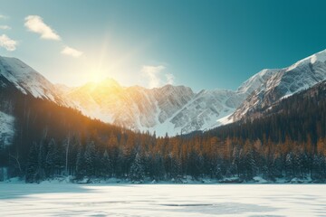 The setting sun shines on the snow capped mountain and trees