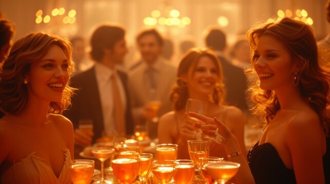 Elegant social gathering of beautiful people in evening wear