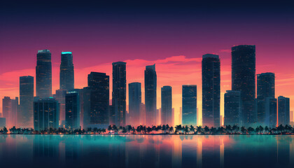 Fototapeta premium Serene Dusk Skyline Silhouette, Miami like Urban Cityscape, illustration