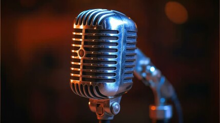 Retro silver microphone on stage with warm background