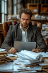 Obraz premium A man in a suit is sitting in a chair and looking at the camera.