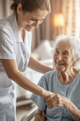 Caregiver and elderly woman smiling - obrazy, fototapety, plakaty