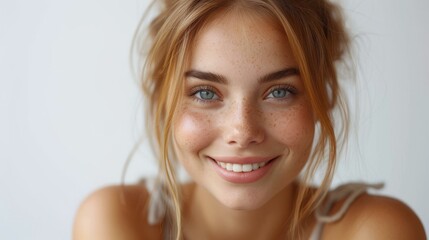 Portrait of a young beautiful smiling woman with freckles on her face - obrazy, fototapety, plakaty