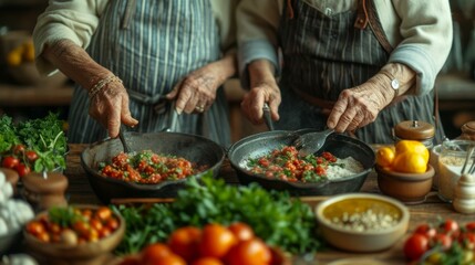 Two elderly women are cooking together in a kitchen.