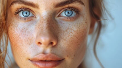 Close-up portrait of a young Caucasian woman with freckles and blue eyes