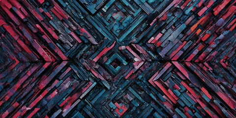Verschlungenes Netz aus roten und blauen geometrischen Formen mit tiefen Texturen