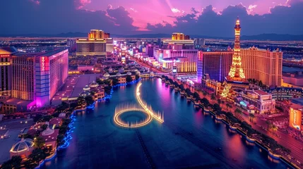 Foto op Canvas Night view of the Las Vegas Strip with the Bellagio Fountains in the foreground © Adobe Contributor